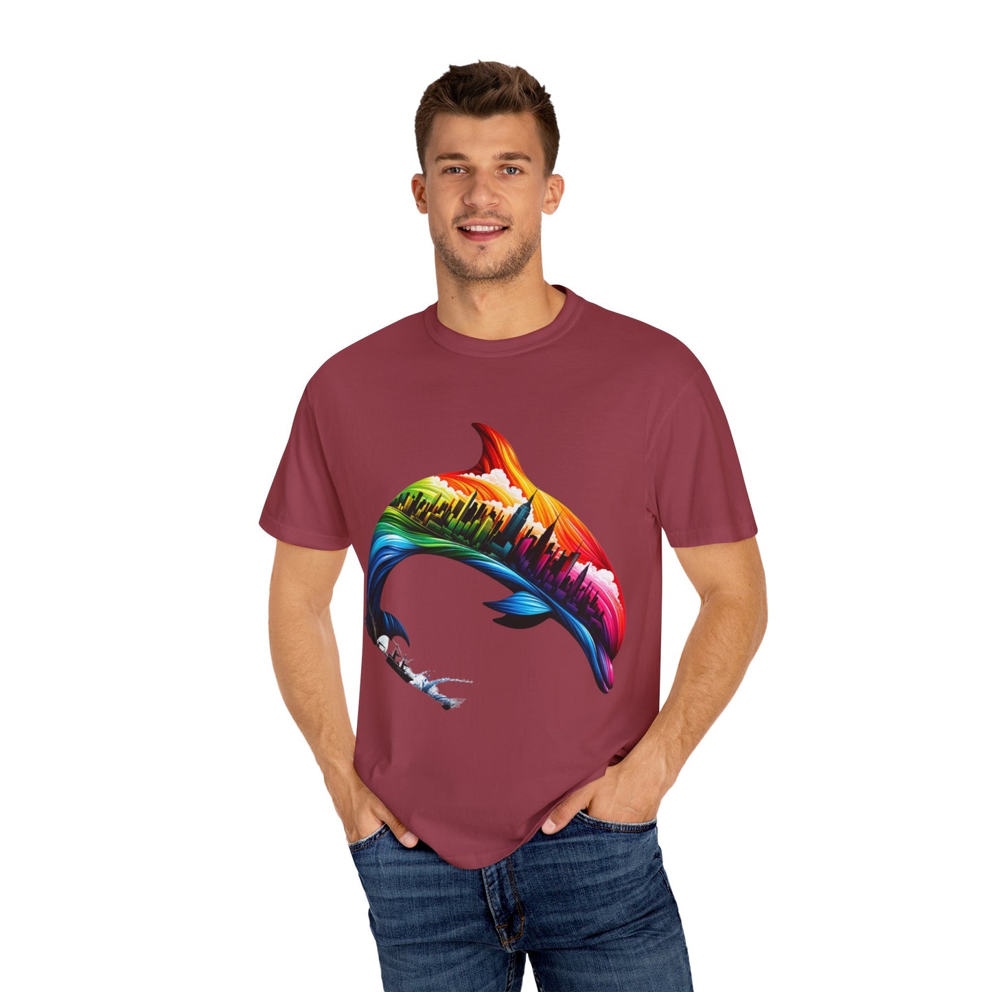 Colorful Dolphin Cityscape Unisex T-Shirt - Vibrant Ocean and Urban Fusion Tee