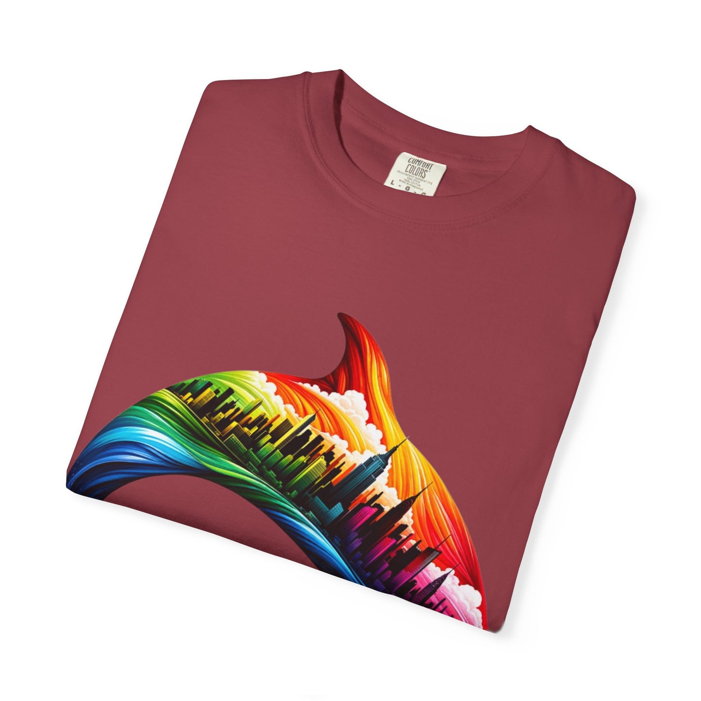Colorful Dolphin Cityscape Unisex T-Shirt - Vibrant Ocean and Urban Fusion Tee