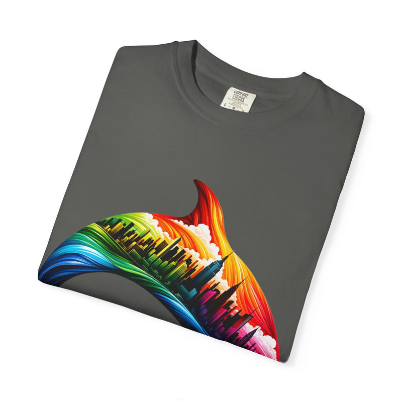 Colorful Dolphin Cityscape Unisex T-Shirt - Vibrant Ocean and Urban Fusion Tee