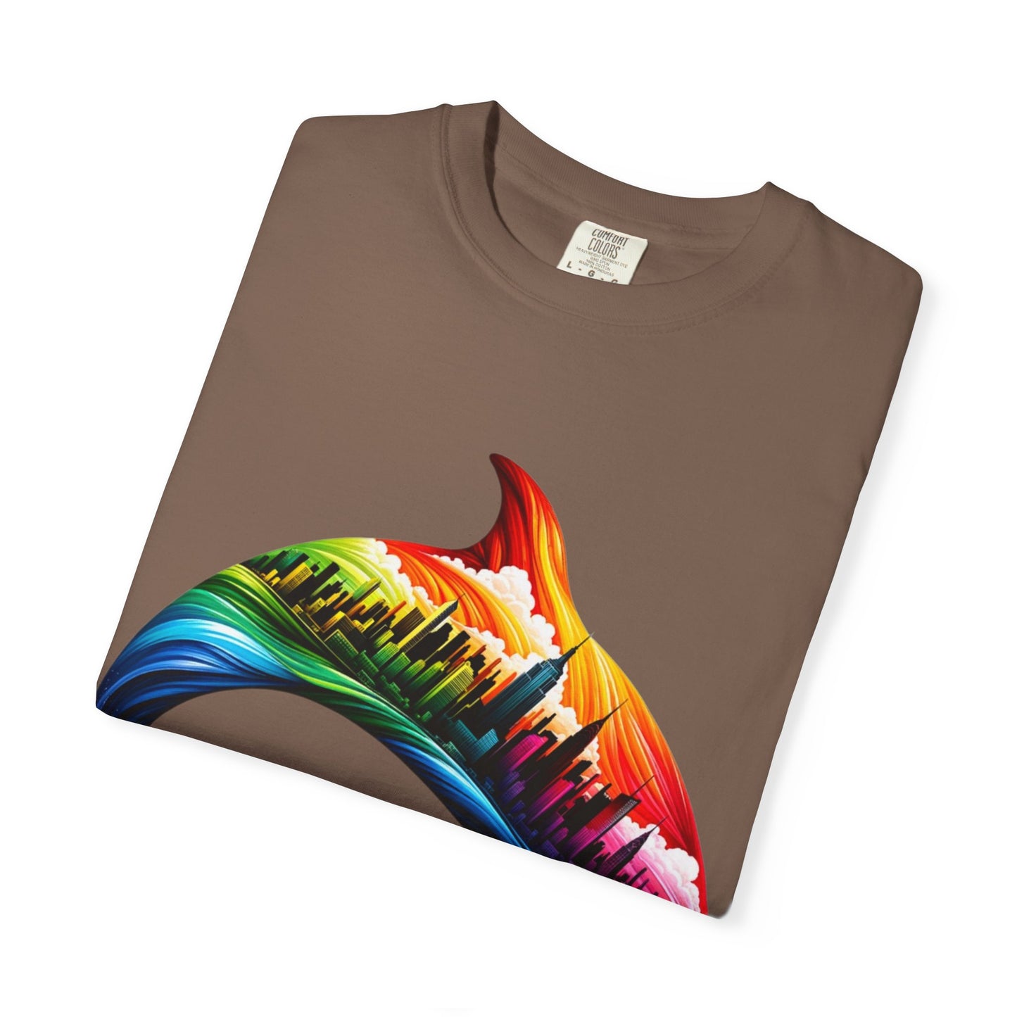Colorful Dolphin Cityscape Unisex T-Shirt - Vibrant Ocean and Urban Fusion Tee