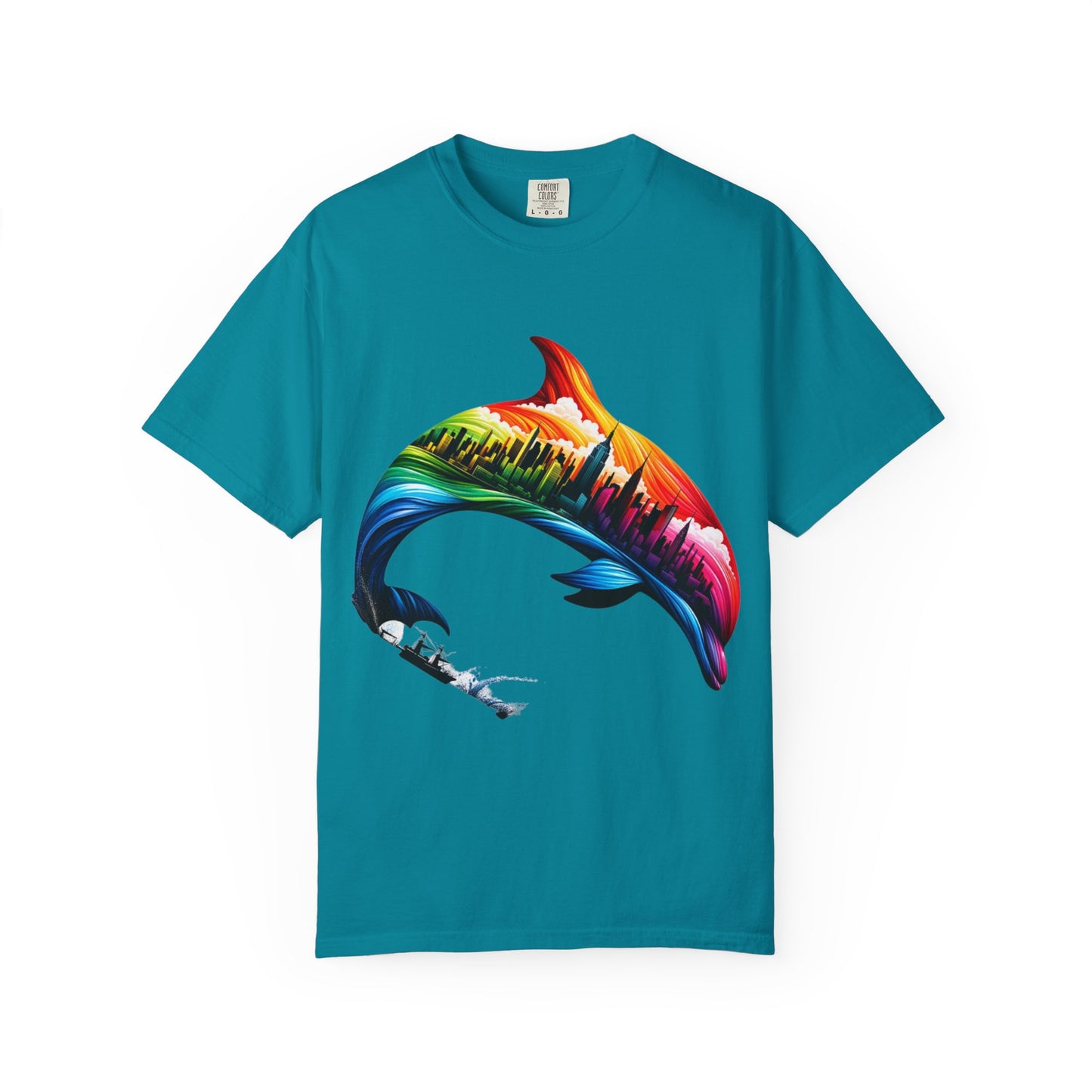 Colorful Dolphin Cityscape Unisex T-Shirt - Vibrant Ocean and Urban Fusion Tee