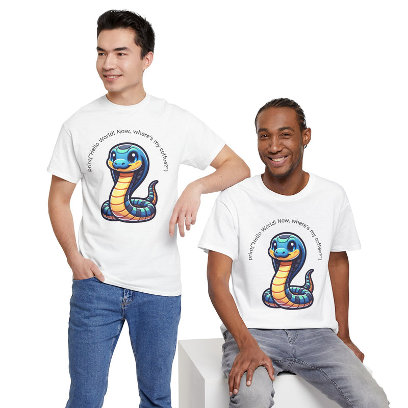 Python Developer Heavy Cotton Tee - Cute Python Design with 'Hello World'