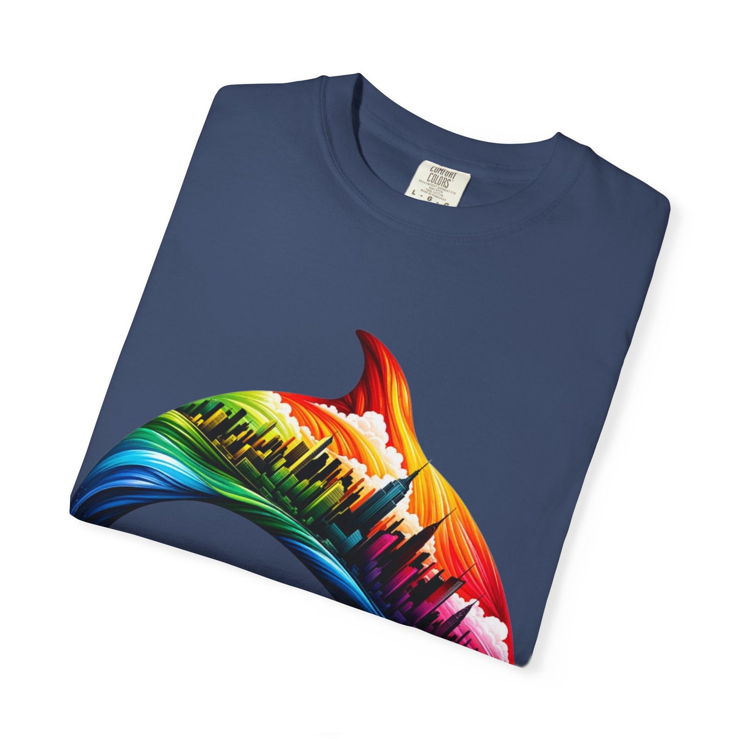 Colorful Dolphin Cityscape Unisex T-Shirt - Vibrant Ocean and Urban Fusion Tee