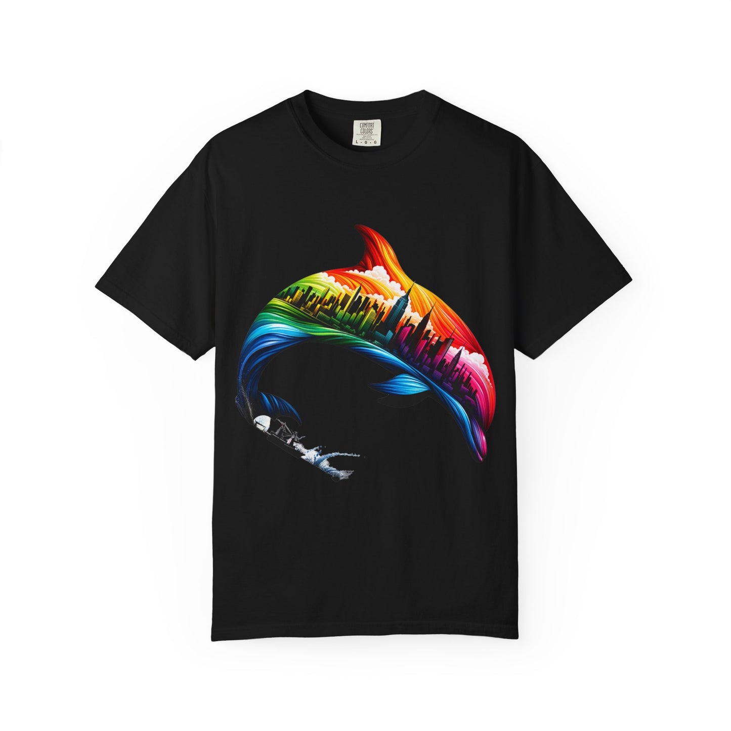 Colorful Dolphin Cityscape Unisex T-Shirt - Vibrant Ocean and Urban Fusion Tee
