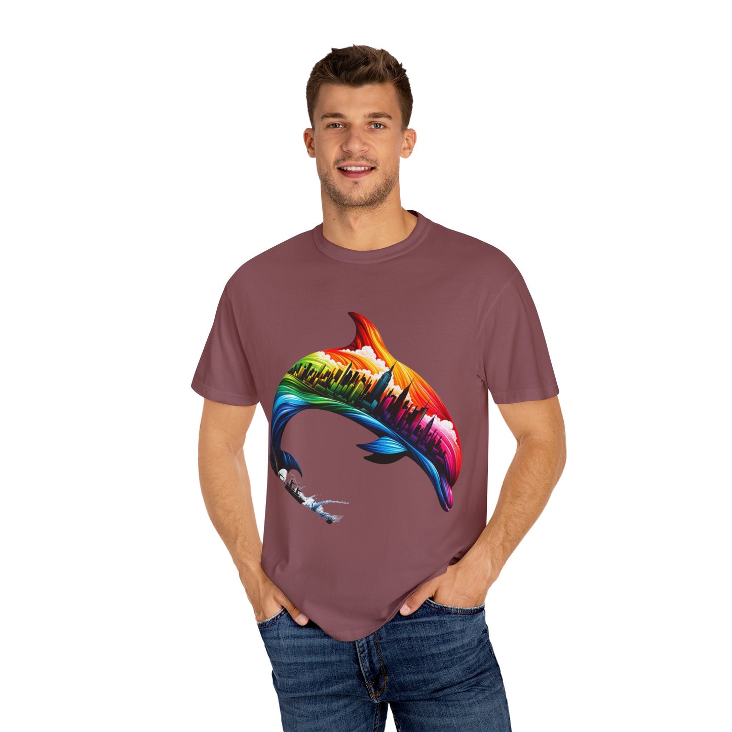 Colorful Dolphin Cityscape Unisex T-Shirt - Vibrant Ocean and Urban Fusion Tee