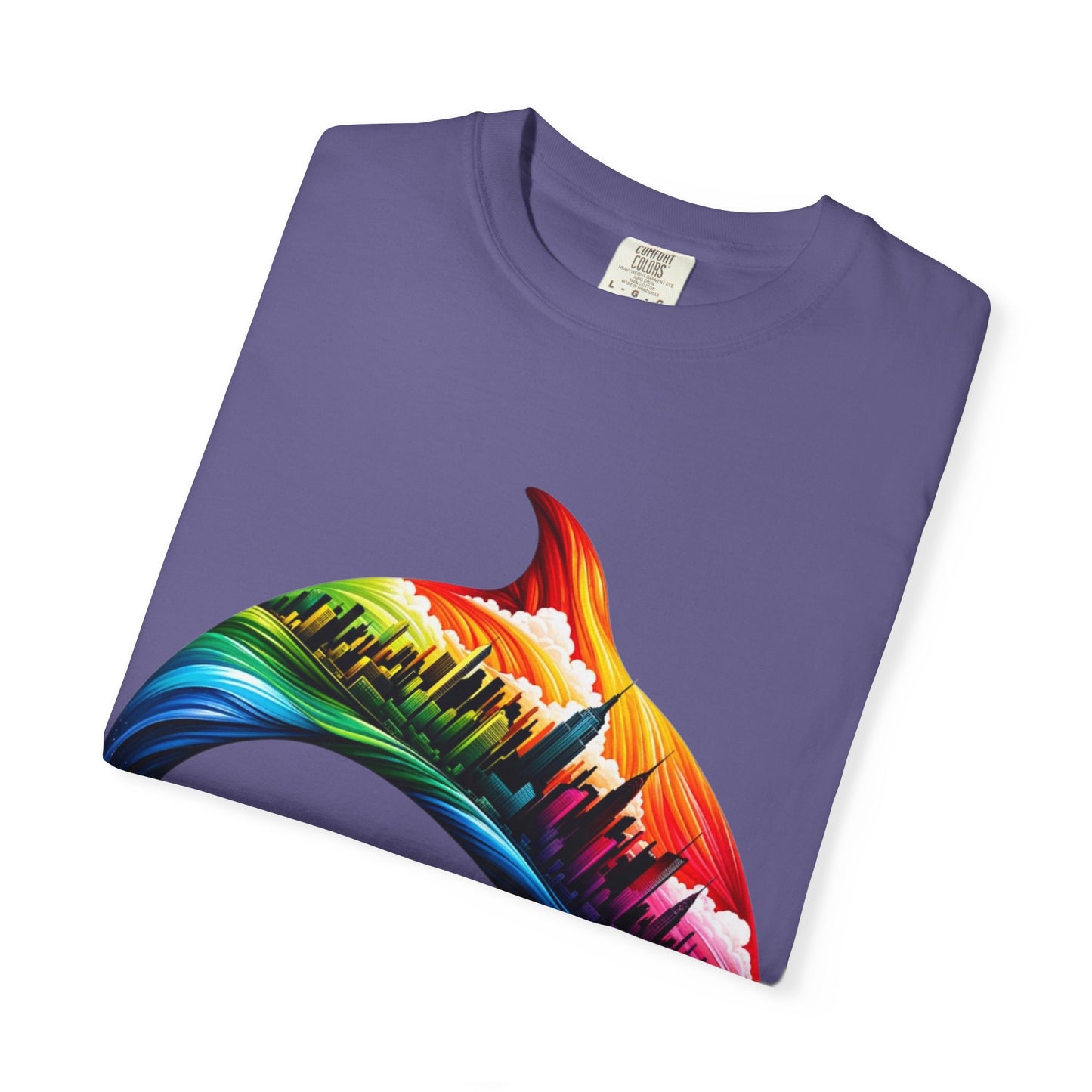 Colorful Dolphin Cityscape Unisex T-Shirt - Vibrant Ocean and Urban Fusion Tee