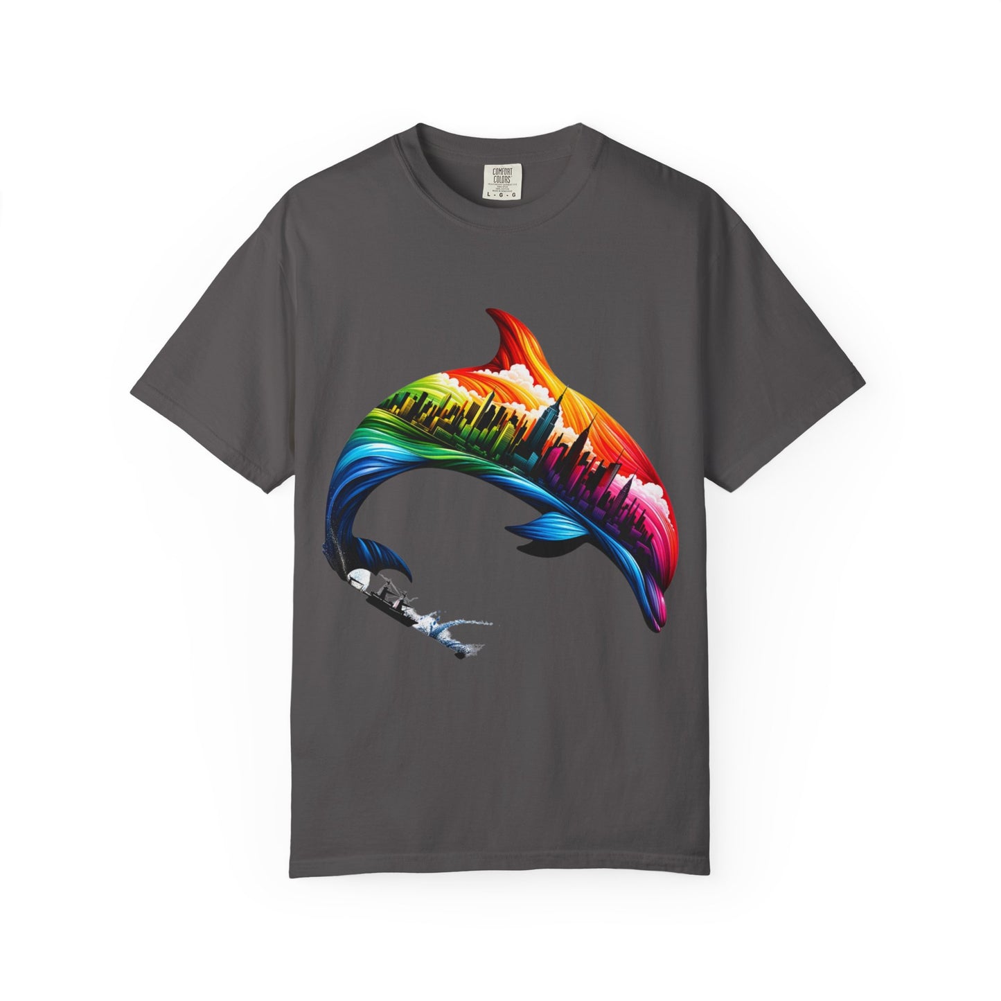 Colorful Dolphin Cityscape Unisex T-Shirt - Vibrant Ocean and Urban Fusion Tee