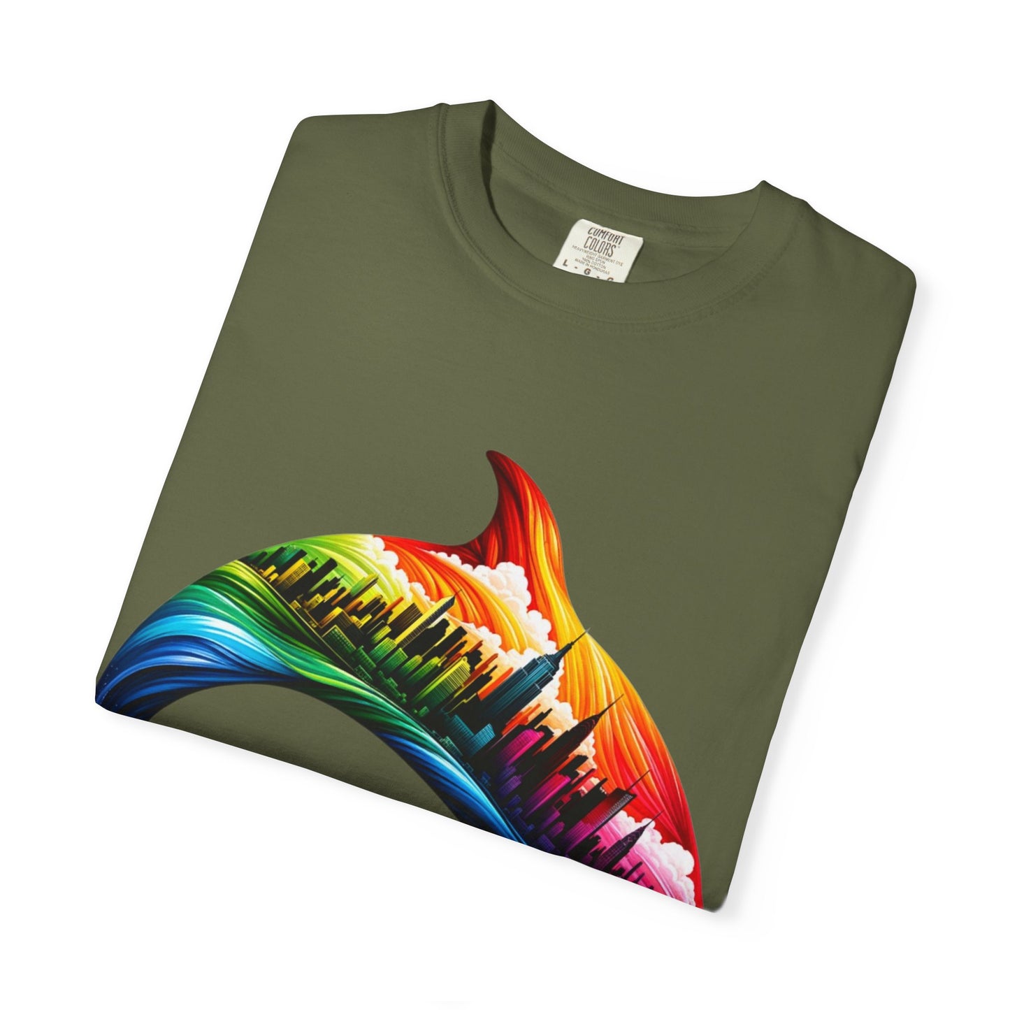Colorful Dolphin Cityscape Unisex T-Shirt - Vibrant Ocean and Urban Fusion Tee