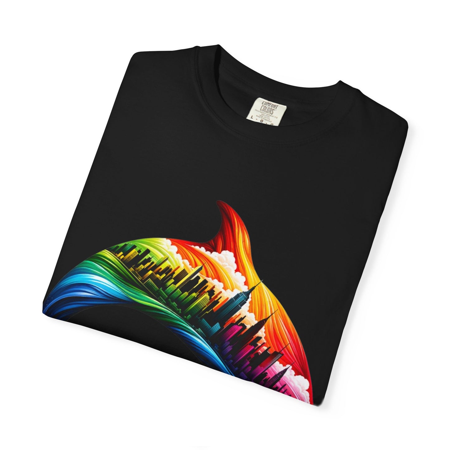Colorful Dolphin Cityscape Unisex T-Shirt - Vibrant Ocean and Urban Fusion Tee
