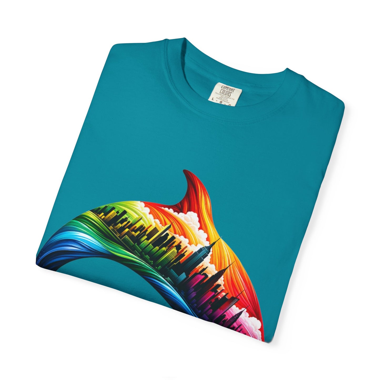 Colorful Dolphin Cityscape Unisex T-Shirt - Vibrant Ocean and Urban Fusion Tee