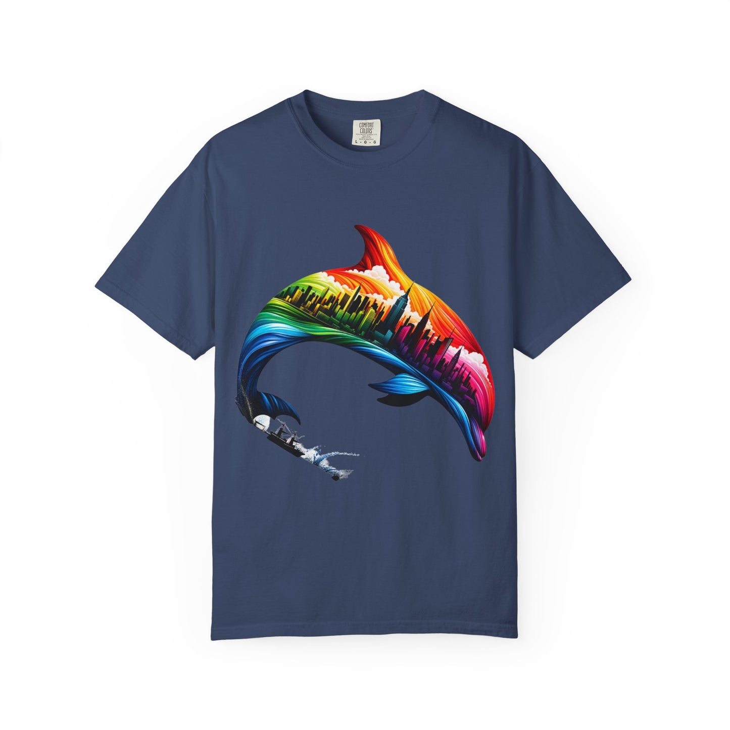Colorful Dolphin Cityscape Unisex T-Shirt - Vibrant Ocean and Urban Fusion Tee
