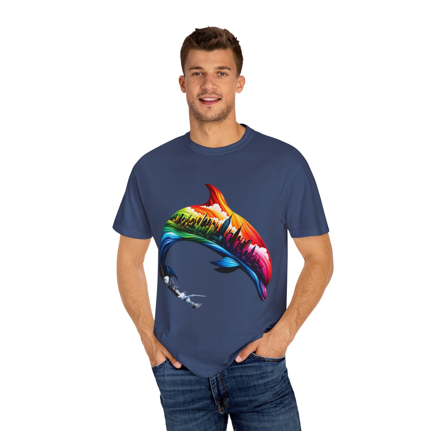 Colorful Dolphin Cityscape Unisex T-Shirt - Vibrant Ocean and Urban Fusion Tee