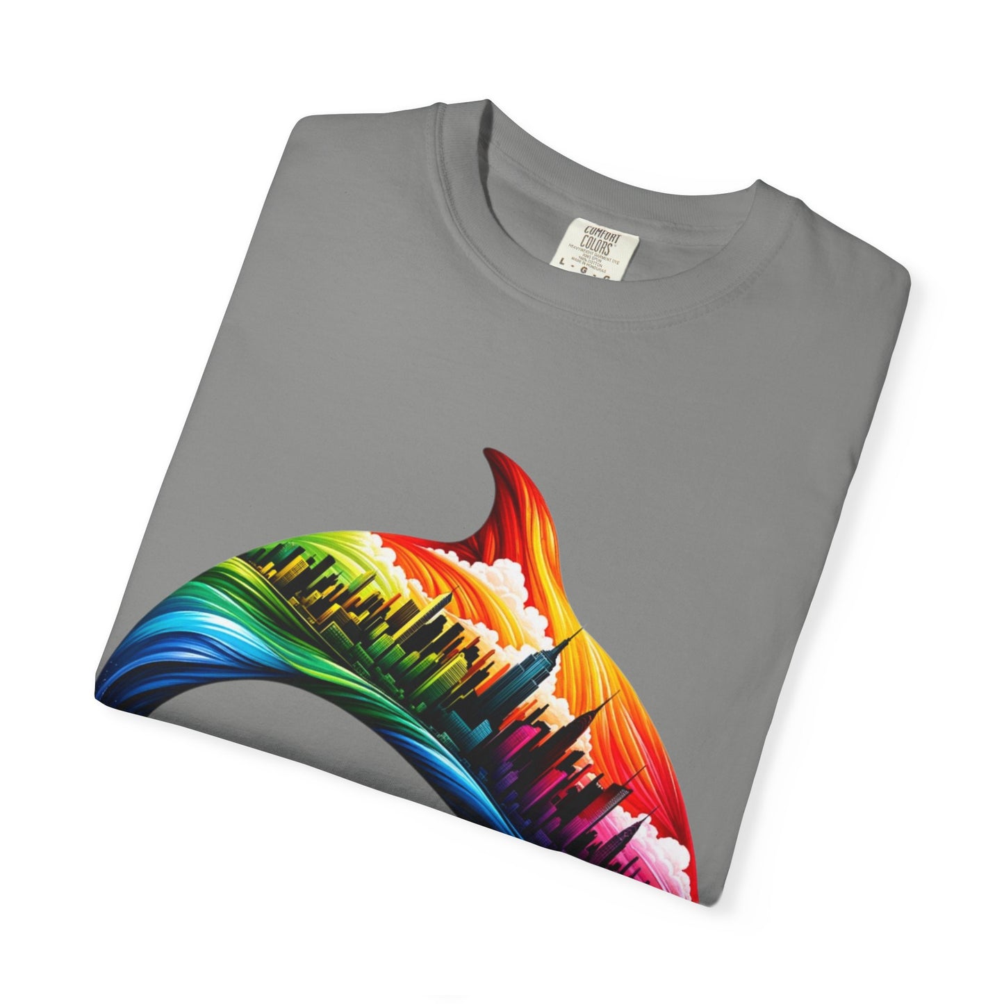Colorful Dolphin Cityscape Unisex T-Shirt - Vibrant Ocean and Urban Fusion Tee