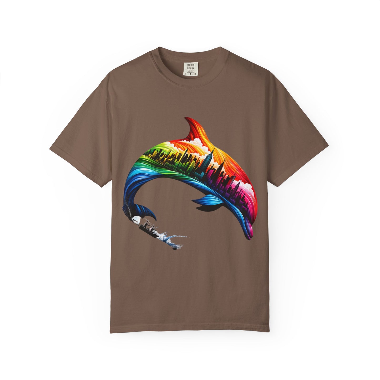 Colorful Dolphin Cityscape Unisex T-Shirt - Vibrant Ocean and Urban Fusion Tee