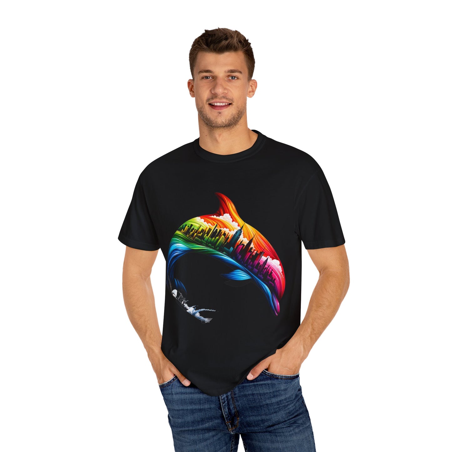 Colorful Dolphin Cityscape Unisex T-Shirt - Vibrant Ocean and Urban Fusion Tee