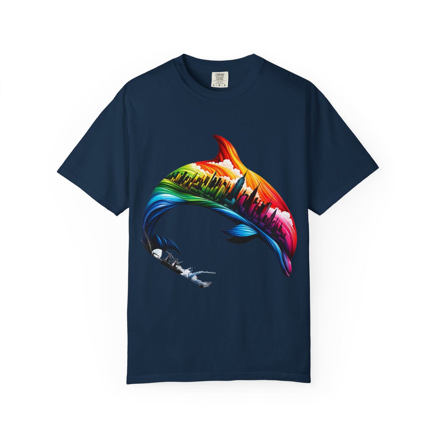 Colorful Dolphin Cityscape Unisex T-Shirt - Vibrant Ocean and Urban Fusion Tee