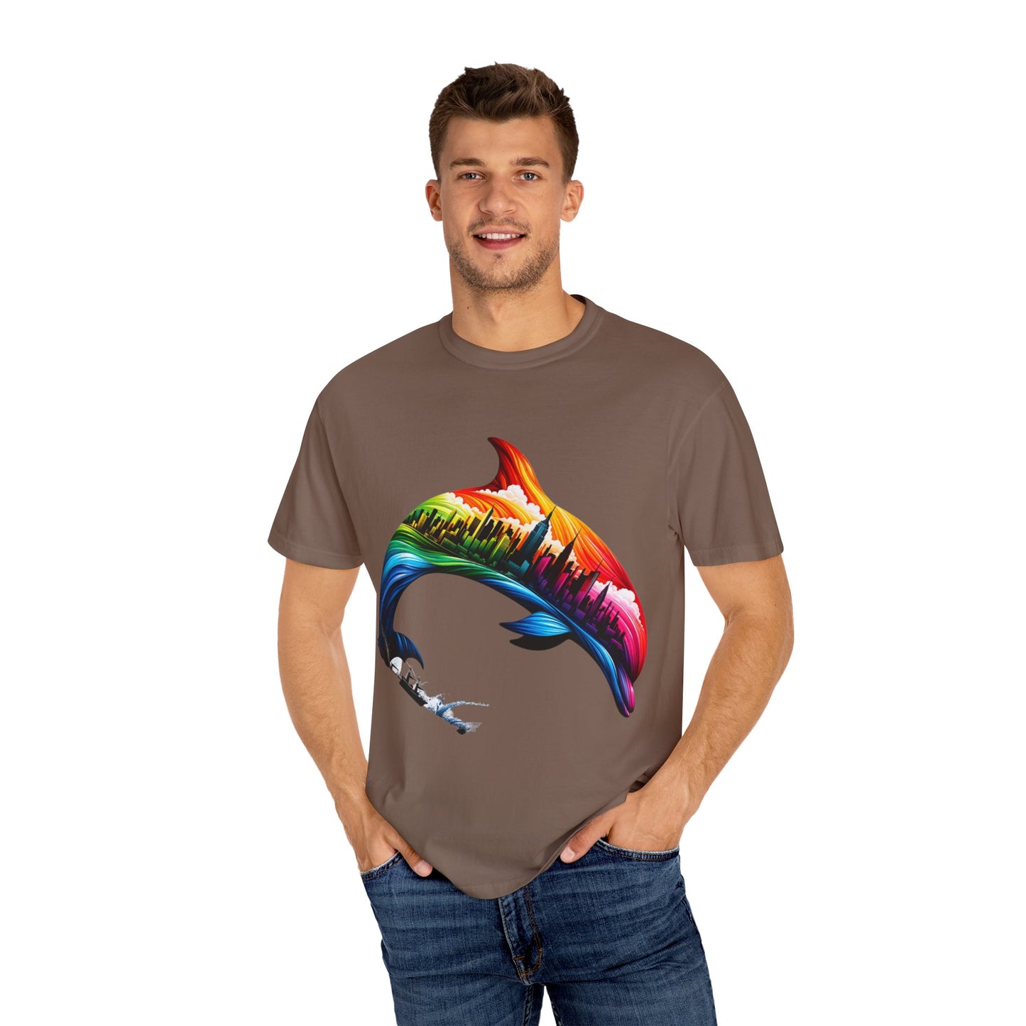 Colorful Dolphin Cityscape Unisex T-Shirt - Vibrant Ocean and Urban Fusion Tee
