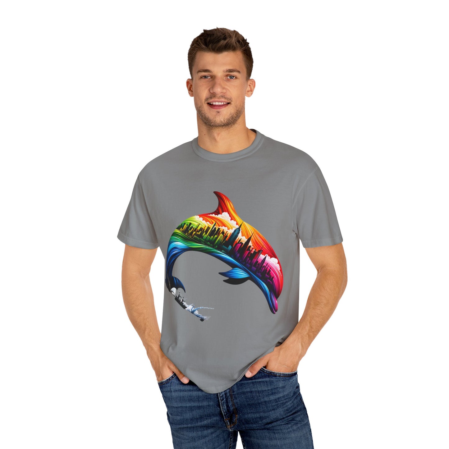 Colorful Dolphin Cityscape Unisex T-Shirt - Vibrant Ocean and Urban Fusion Tee