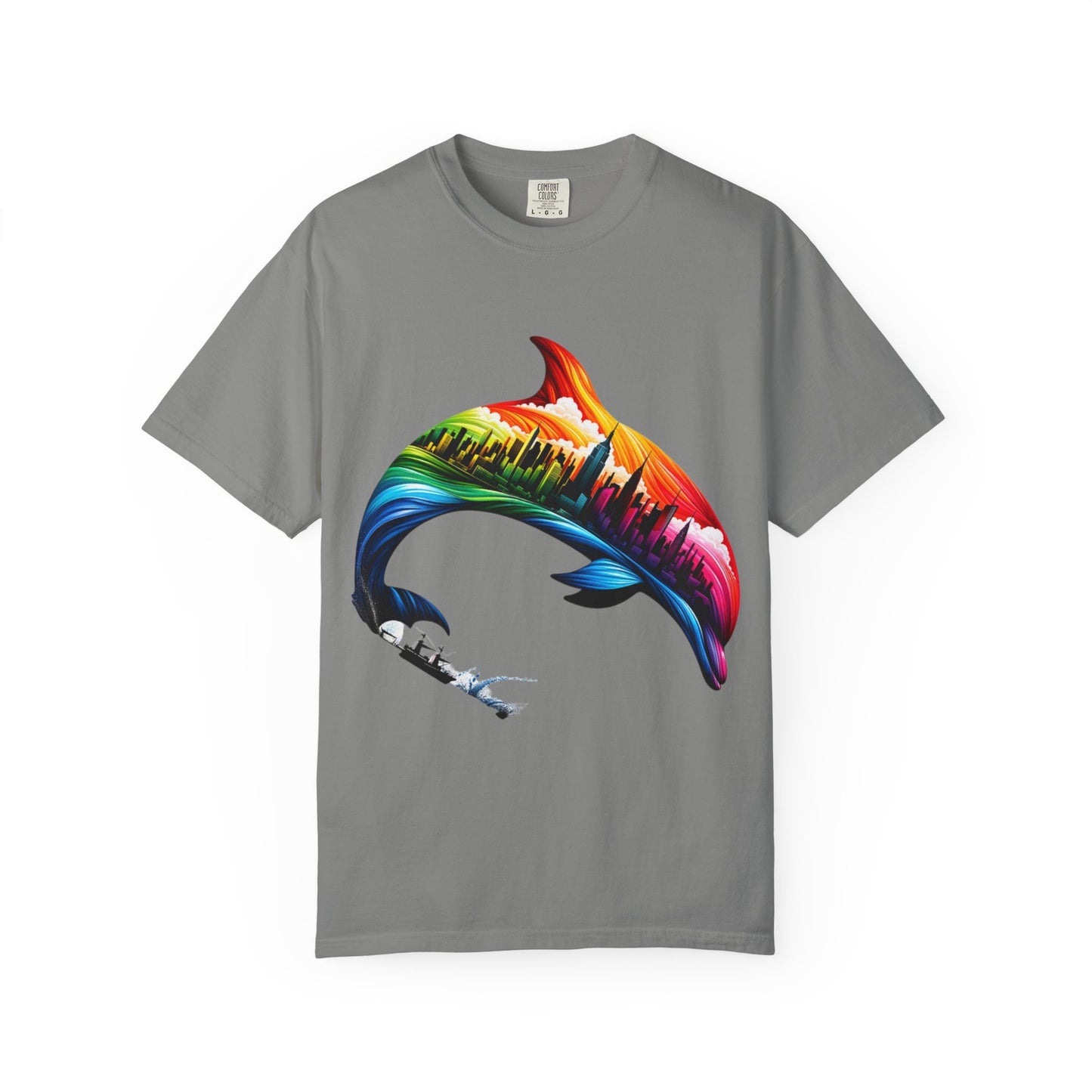 Colorful Dolphin Cityscape Unisex T-Shirt - Vibrant Ocean and Urban Fusion Tee