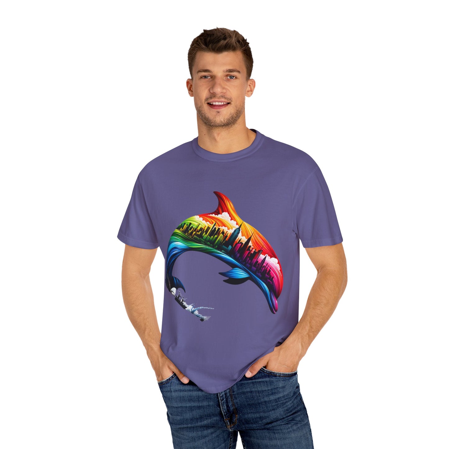 Colorful Dolphin Cityscape Unisex T-Shirt - Vibrant Ocean and Urban Fusion Tee