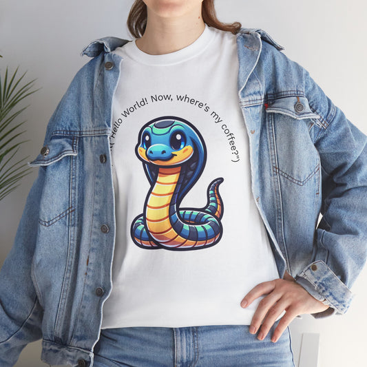 Python Developer Heavy Cotton Tee - Cute Python Design with 'Hello World'