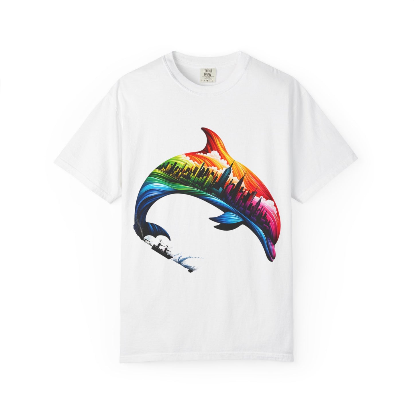 Colorful Dolphin Cityscape Unisex T-Shirt - Vibrant Ocean and Urban Fusion Tee