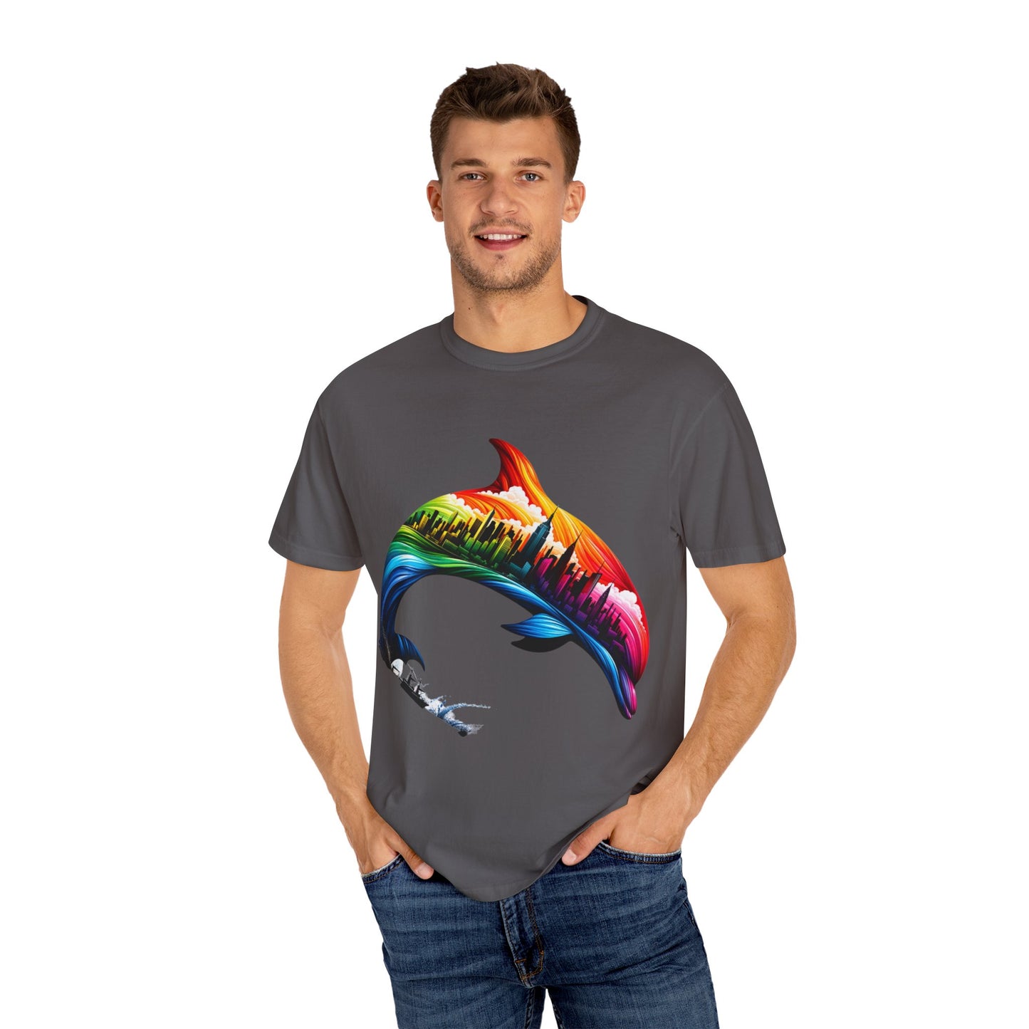 Colorful Dolphin Cityscape Unisex T-Shirt - Vibrant Ocean and Urban Fusion Tee
