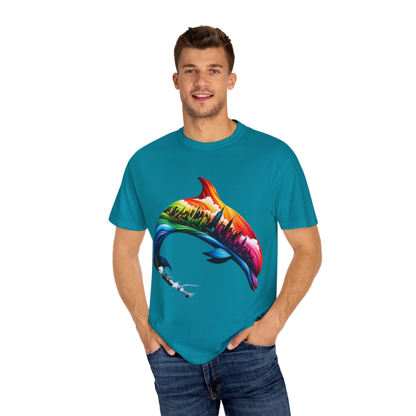 Colorful Dolphin Cityscape Unisex T-Shirt - Vibrant Ocean and Urban Fusion Tee