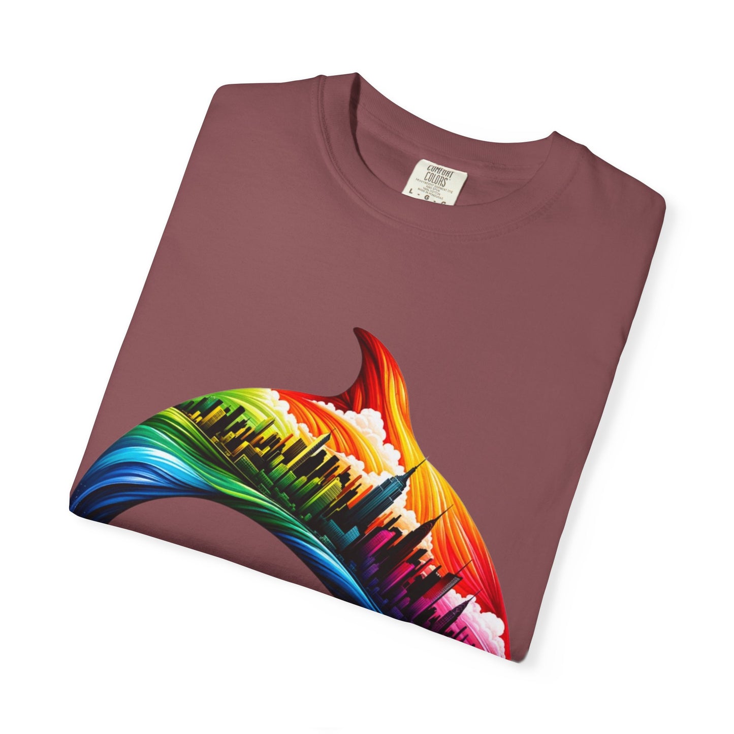 Colorful Dolphin Cityscape Unisex T-Shirt - Vibrant Ocean and Urban Fusion Tee