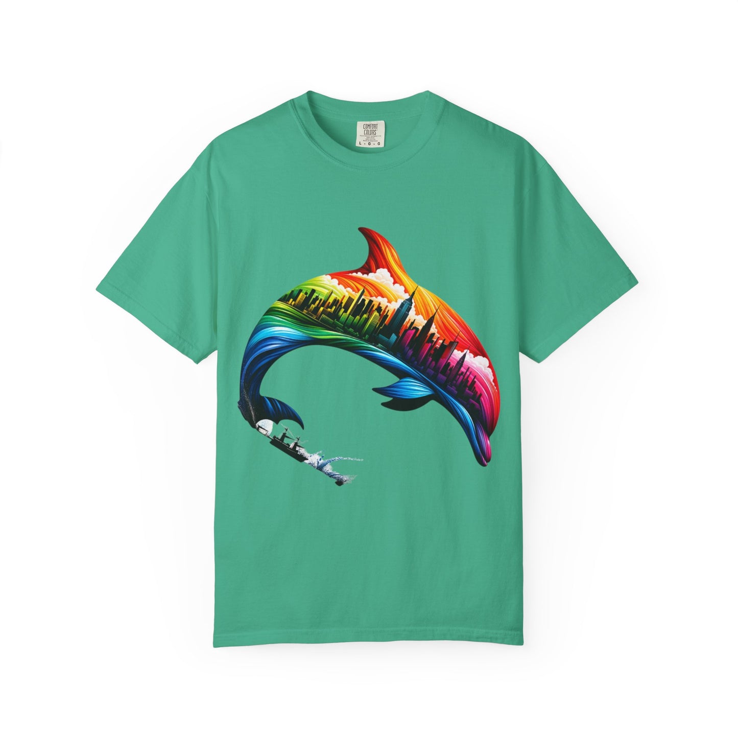 Colorful Dolphin Cityscape Unisex T-Shirt - Vibrant Ocean and Urban Fusion Tee