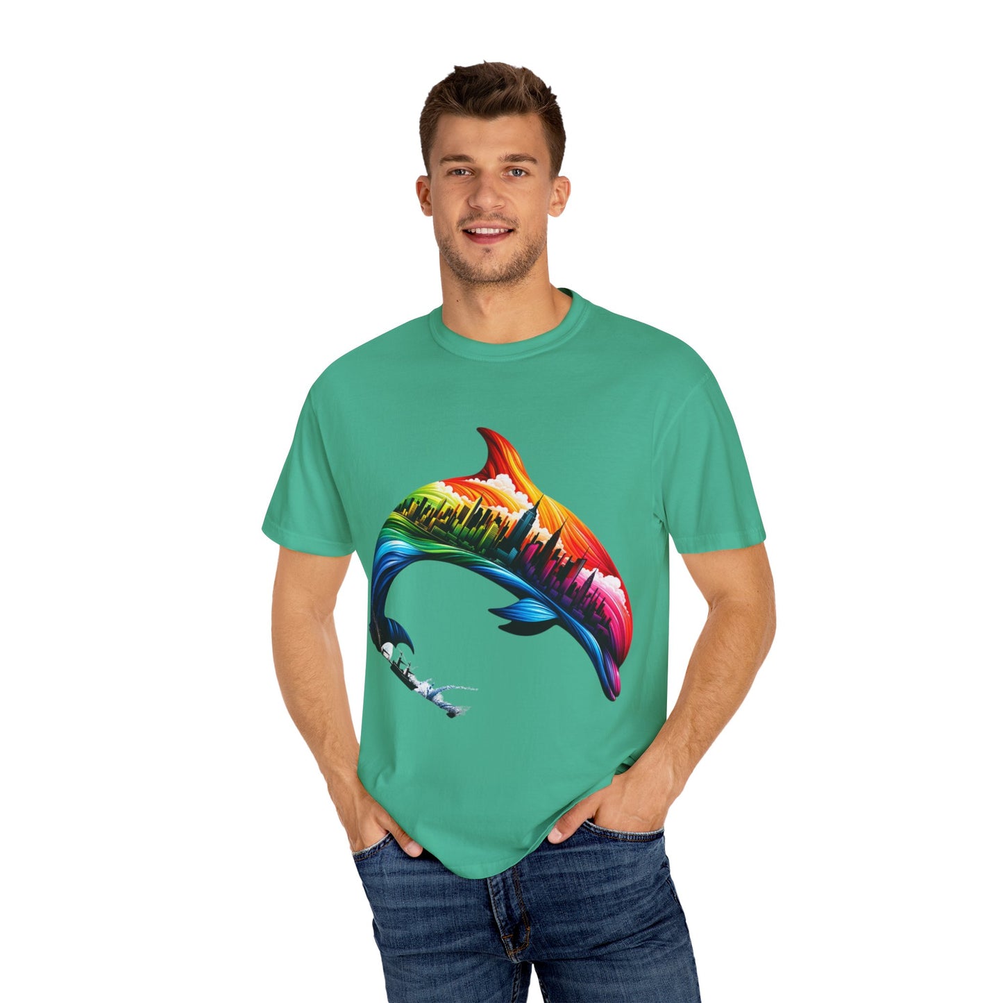Colorful Dolphin Cityscape Unisex T-Shirt - Vibrant Ocean and Urban Fusion Tee