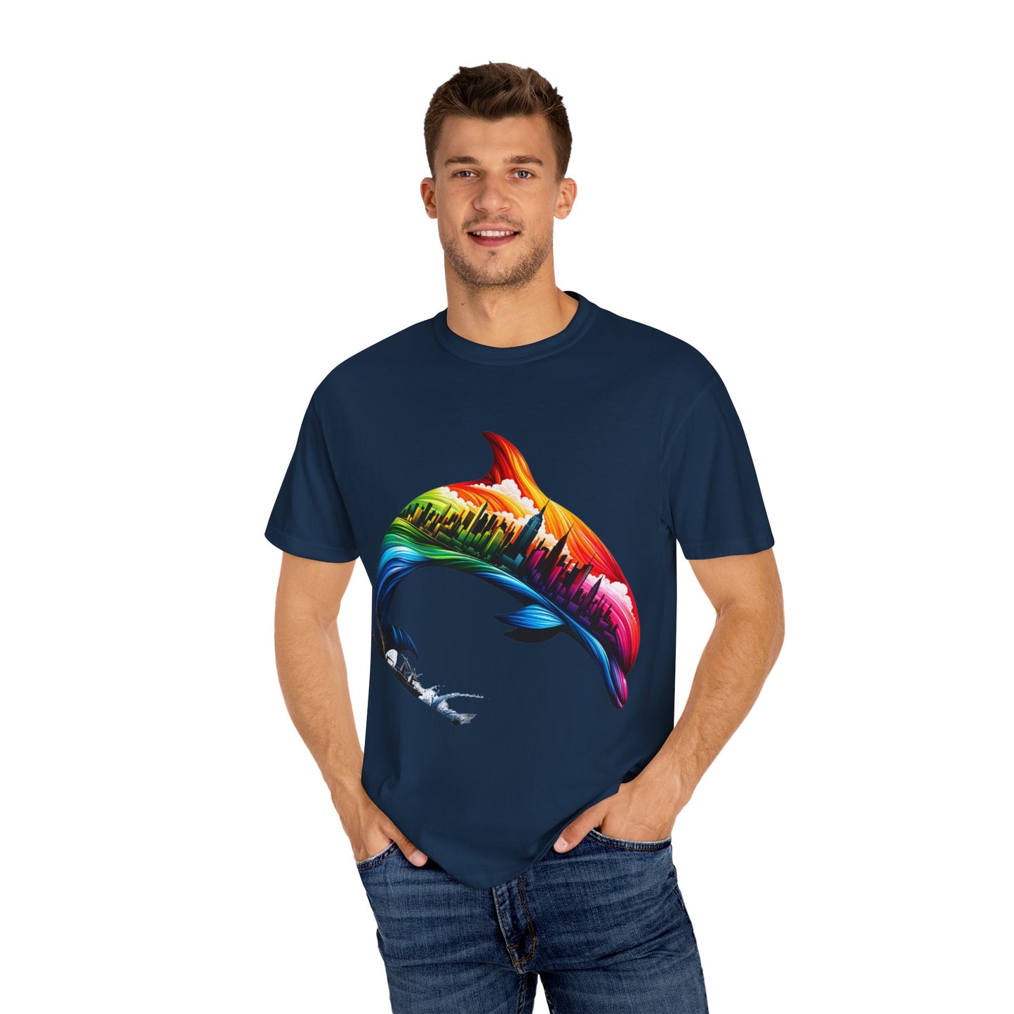 Colorful Dolphin Cityscape Unisex T-Shirt - Vibrant Ocean and Urban Fusion Tee
