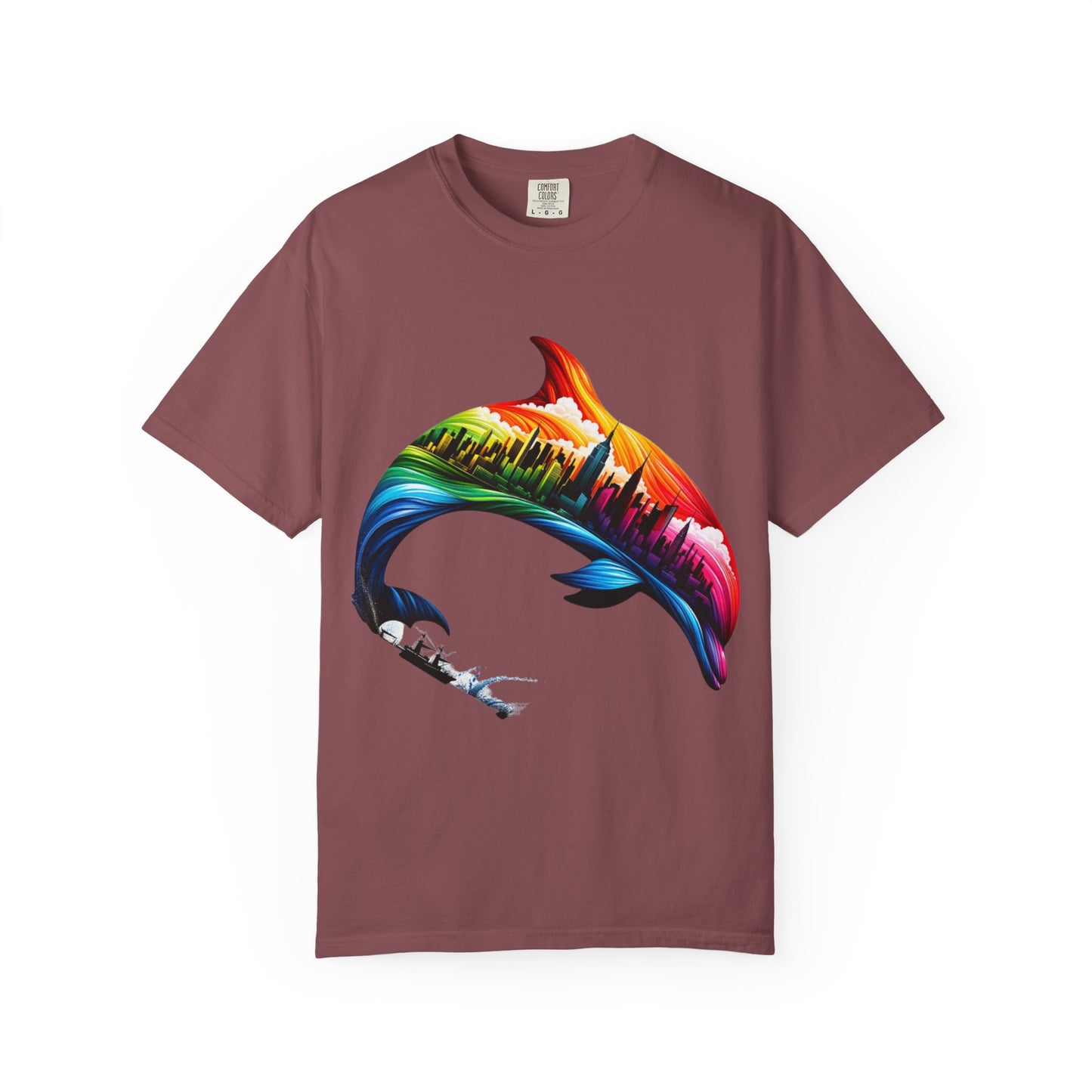 Colorful Dolphin Cityscape Unisex T-Shirt - Vibrant Ocean and Urban Fusion Tee