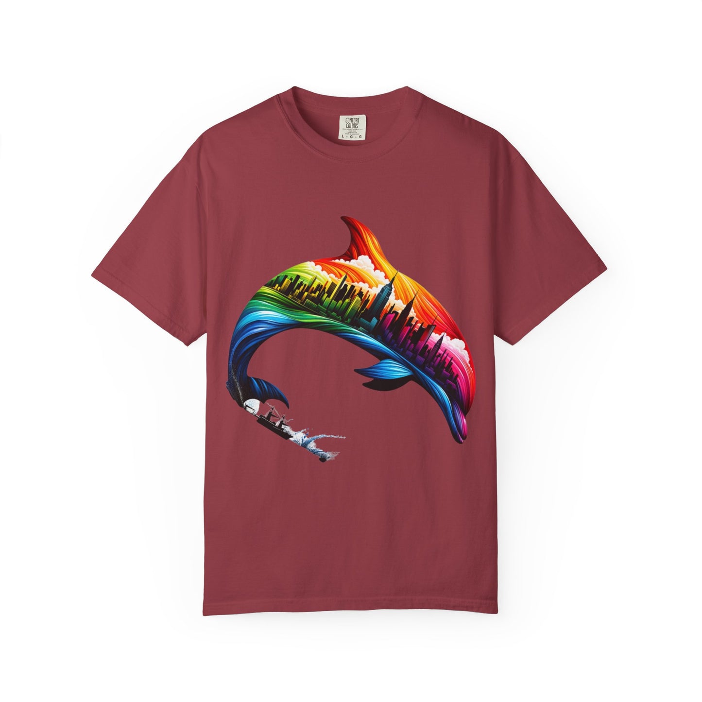 Colorful Dolphin Cityscape Unisex T-Shirt - Vibrant Ocean and Urban Fusion Tee