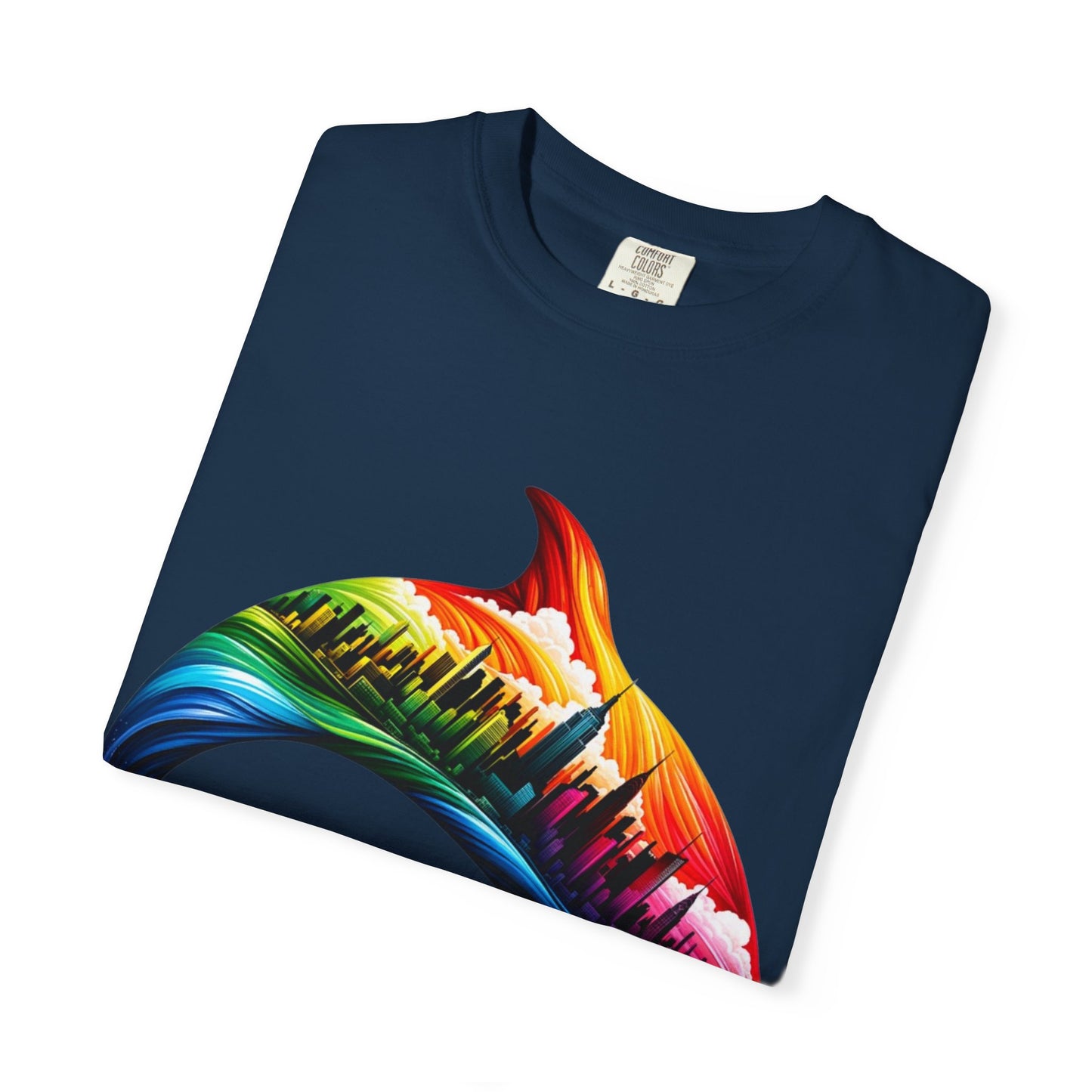 Colorful Dolphin Cityscape Unisex T-Shirt - Vibrant Ocean and Urban Fusion Tee
