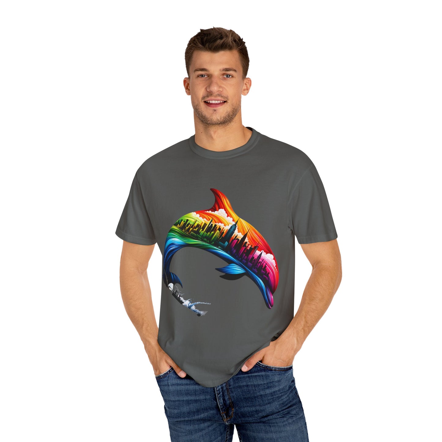 Colorful Dolphin Cityscape Unisex T-Shirt - Vibrant Ocean and Urban Fusion Tee