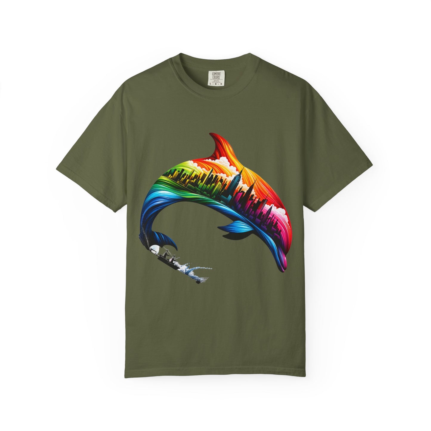 Colorful Dolphin Cityscape Unisex T-Shirt - Vibrant Ocean and Urban Fusion Tee