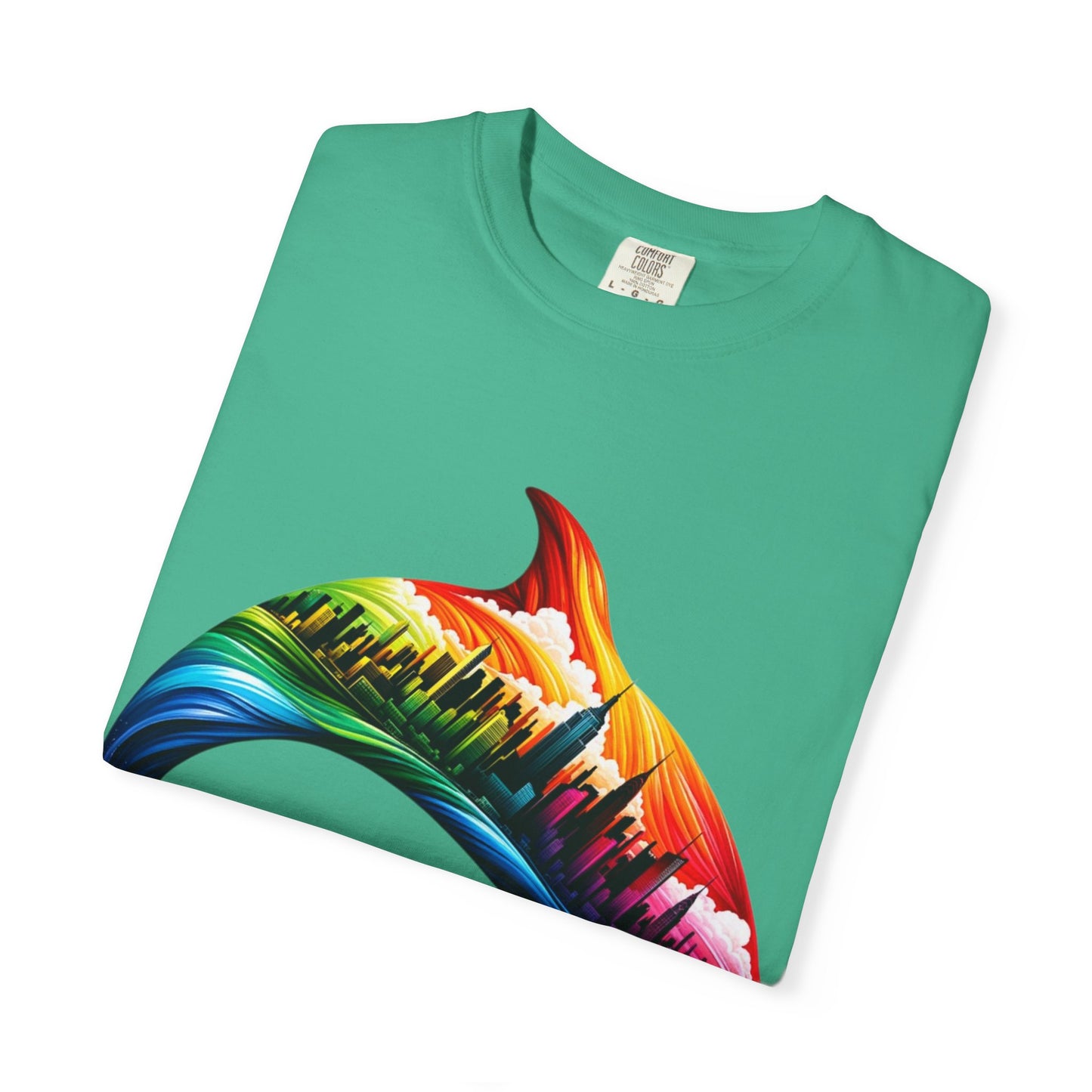 Colorful Dolphin Cityscape Unisex T-Shirt - Vibrant Ocean and Urban Fusion Tee