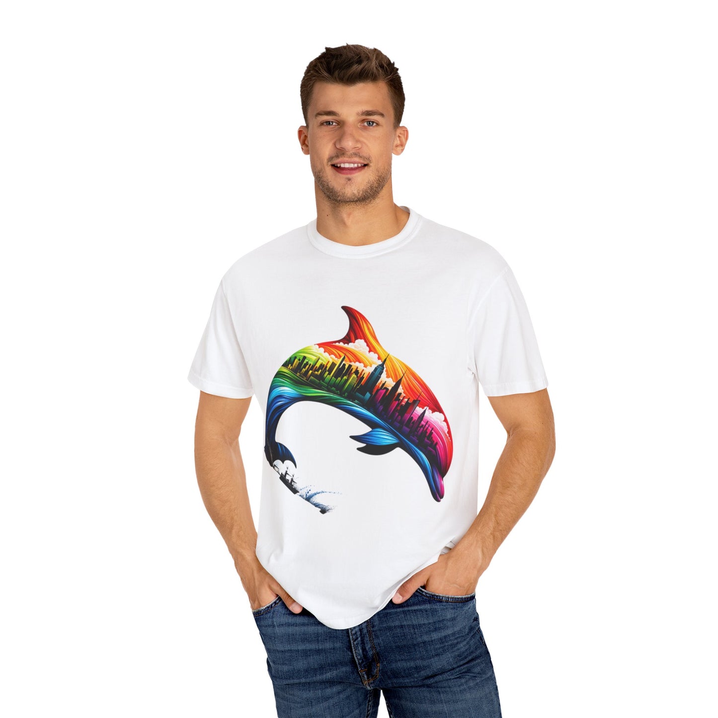 Colorful Dolphin Cityscape Unisex T-Shirt - Vibrant Ocean and Urban Fusion Tee